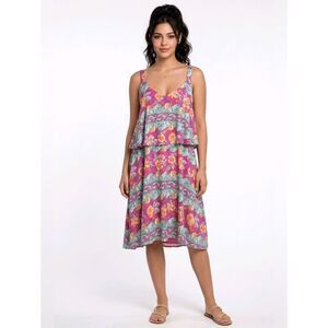 Watermelon Pink Floral Scoop V-neck Yoke Detail Sleeveless Dress Size 1X